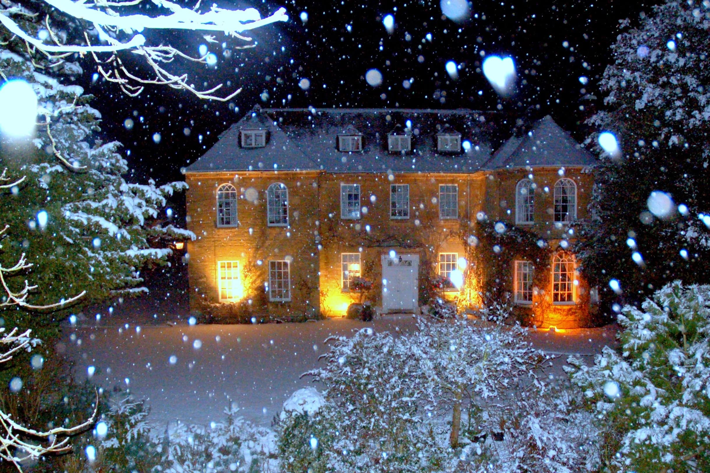 Upper Court glowing in the snow at Christmas
